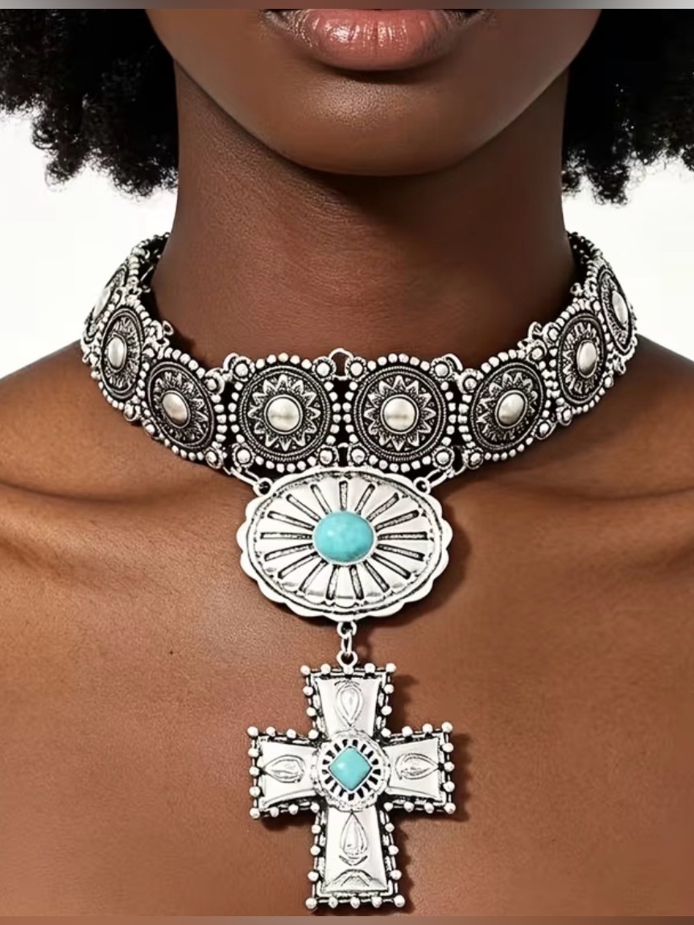Silver-Tone Choker Necklace with Turquoise Accents - Women Jewelry